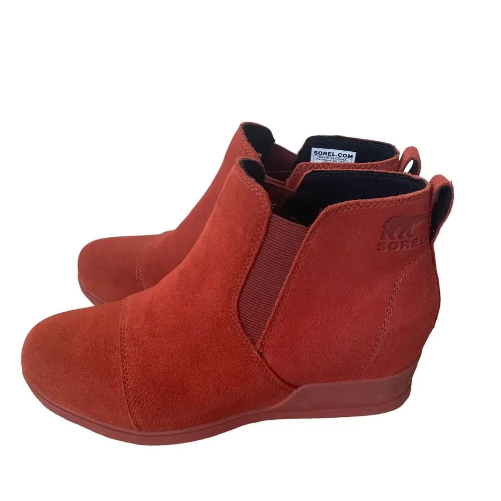 SOREL Waterproof Suede Leather Evie Pull On Wedge Ankle Bootie WARP RED 9.5